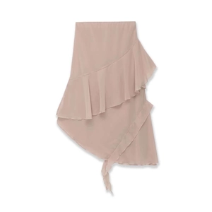 Jupe midi élégante en mousseline vieux rose avec volants asymétriques et ourlet