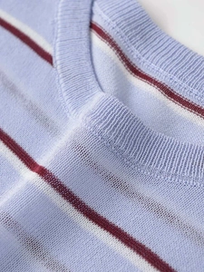 Macro detail of the ribbed round neckline on this blue striped knit sweater top