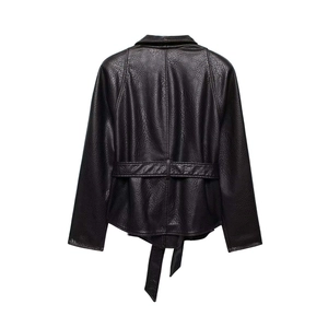 Classic black faux leather jacket for women with belted waist and sleek back view detail