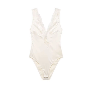 Women Sexy Satin Bodysuit With Lace Trim V Neck Sleeveless Backless One Piece Solid Color Elegant Summer Slim Fit Bodysuit