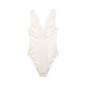 Elegant white satin bodysuit for women with deep V-neck and floral lace embroidery