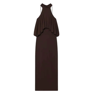 Women's Sexy Halter Neck Ruffle Flounce Maxi Dress Solid Color Backless Slim Fit Elegant Sleeveless Party Dress
