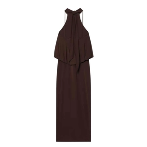 Elegant deep brown halter neck maxi dress with ruffle details and floor-length silhouette