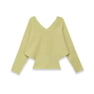 Women's V-neck pistachio green knit sweater with batwing sleeves and ribbed texture