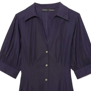 Robe midi en popeline bleu foncé pour femme avec manches bouffantes et col en V
