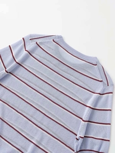 Detail of round neck and striped knit texture on a light purple casual sweater