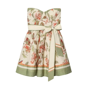 Women Sexy Off-shoulder Floral Print Mini Dress Vintage Strapless Bow Tie Waist Summer Slim Fit Bodycon Sundress