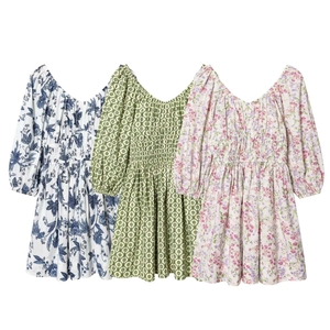 Robe Mini d'Été Fleurie pour Femmes Manches Bouffantes Vintage Français Col en V Taille Élastiquée Élégante Mélange de Coton