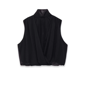 Women Casual Sleeveless Mock Neck Chiffon Blouse Elegant Wrap Front Pleated Summer Top Black Office Commuter Shirt