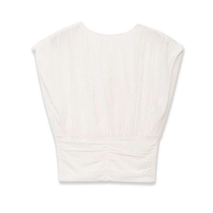 Back view of cream sleeveless knit crop top with elegant pleated waist sunray texture