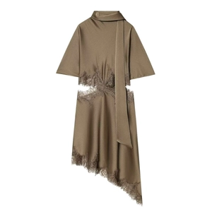 Olive green satin dress with lace cutouts and asymmetrical eyelash lace hemline