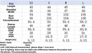 Size chart table for summer striped poplin shirt showing length and chest dimensions