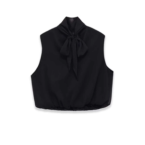 Elegant black sleeveless chiffon blouse featuring a chic bow tie neck and elastic hem