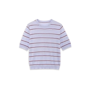 Women Casual Striped Knit Top Round Neck Short Sleeve Contrast Color Horizontal Stripes Ribbed Hem Pullover Sweater