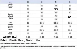 Detailed size chart for sheer polka dot mesh top showing XS-L measurements in CM