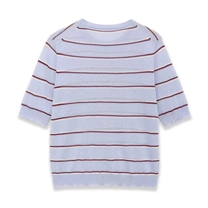 Back view of light blue crewneck short sleeve knit top with thin reddish brown stripes