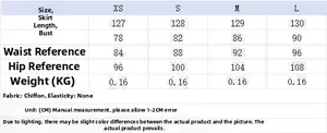 Size chart for summer asymmetric sleeveless dress with measurements for XS to L sizes