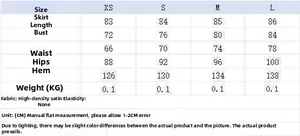 Size chart for women's satin halter dress with measurements for XS to L in centimeters
