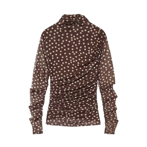 Brown sheer polka dot mesh top with high neck and elegant side ruching details