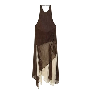 Women's Elegant Halter Neck Polka Dot Maxi Dress Asymmetric Ruffle Layered Chiffon Sleeveless Summer Party Dress Chocolate