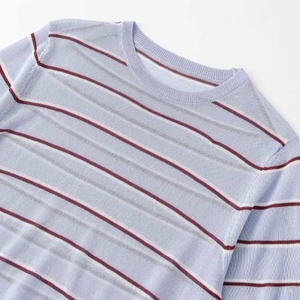 Classic round neck long sleeve knit sweater with red and white stripes on light blue