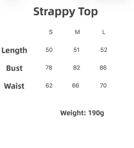 Size guide table for elegant camisole top showing measurements for S, M and L sizes