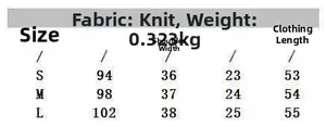 Detailed size chart for cream yellow knit top with S, M, L dimensions and weight