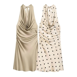 Women Halter Neck Satin Dress Backless Cowl Neck Ruched Slim Fit Sexy Bodycon Polka Dot Midi Party Dress