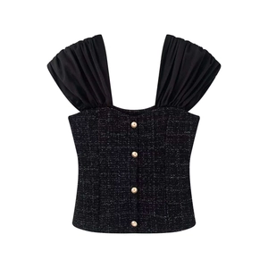 Women Elegant Black Tweed Camisole Vest Square Neck Ruffled Wide Straps Gold Buttons Slim Fit French Style Summer Top