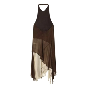 Polka dot halter dress with asymmetrical layered hem in brown and beige chiffon