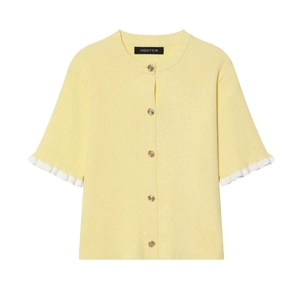 Women Cream Yellow Round Neck Knit Cardigan With Gold Buttons Ruffle Cuff Contrast Trim Short Sleeve Sweaters