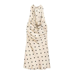 Summer satin halter neck backless mini dress with black polka dots and ruched details