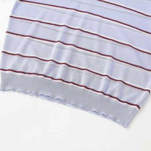 Striped lavender knit sweater with burgundy stripes and ribbed hem for casual daily wear