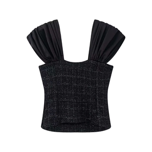 Elegant black tweed tank top with silver shimmer and ruffled shoulder straps for women