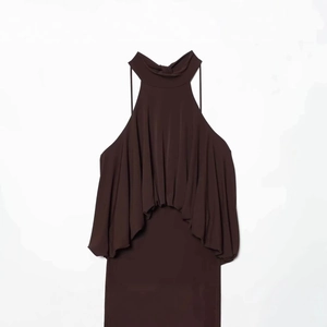 Elegant dark coffee halter neck long dress with stylish draped ruffles and slim silhouette