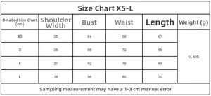 Detailed size guide for double-breasted vest and trousers set, measurements XS to L in CM