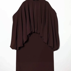 Elegant dark brown halter maxi dress with ruffled overlay and balloon silhouette