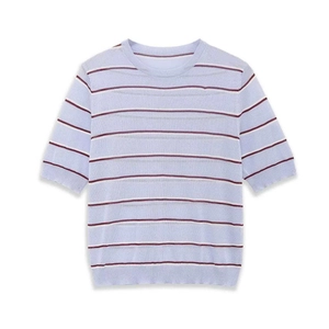 Women casual light blue striped knit sweater with red horizontal lines and round neck