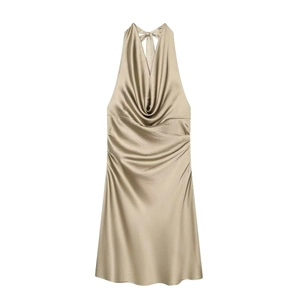 Champagne satin halter neck backless dress with elegant draped neckline and side ruching