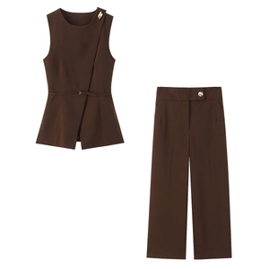Women Elegant Dark Brown Sleeveless Vest Top And High Waist Straight Leg Pants Suits Commute Style Vest And Bottom Set