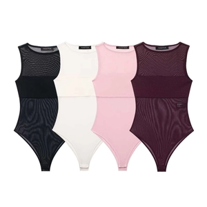 Women Sexy Mesh Patchwork Bodysuit Sleeveless Round Neck Translucent Slim Fit Jumpsuit Top For Party Night Club