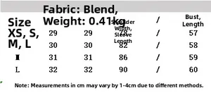 Detailed size chart for puff sleeve blouse featuring XS to L measurements and fabric info