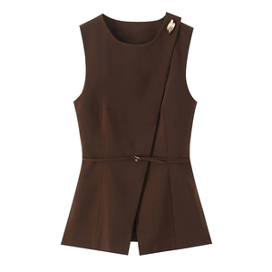 Minimalist dark brown sleeveless top with asymmetric front flap and gold metal buckle detail