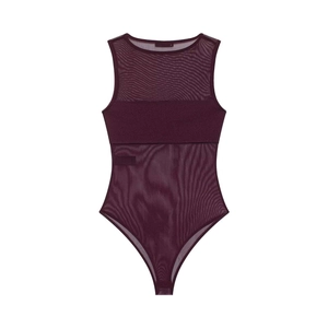 Flat lay of a wine red sheer mesh bodysuit featuring a crew neck and sleeveless design