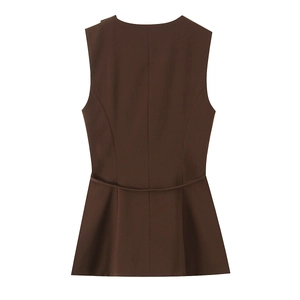 Detail view of dark brown sleeveless vest with cinched waist and elegant flared peplum hem