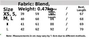 Size chart for vintage layered blazer with fabric details and measurements in centimeters