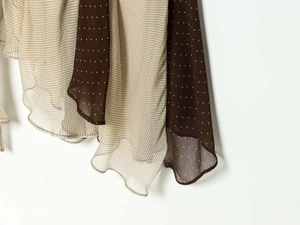 Detail of ruffle chiffon hem with contrast polka dot patterns and layered stitching
