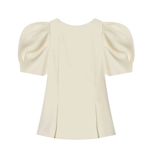 Chic cream white puff sleeve blouse with round neck and pleated details on a white background