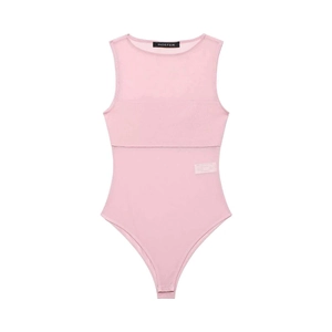 Pink sleeveless bodysuit with sheer mesh panels and solid fabric in a high-cut design