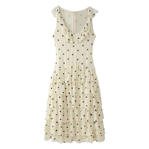 Robe Maxi pour Femme Élégante à Pois avec Col en V Sans Manches Volants à Étages Été Décontracté Chic Coupe en A